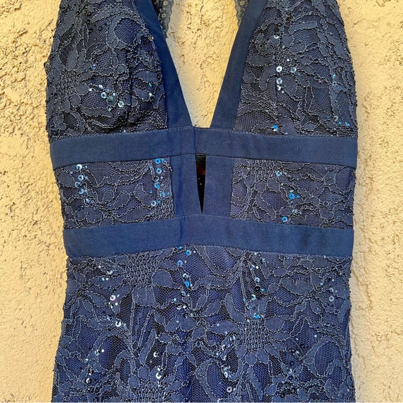 B. Darlin Formal Prom Navy Blue Maxi Dress Gown Lace Sequin Open Back Size 3/4 - Picture 7 of 9